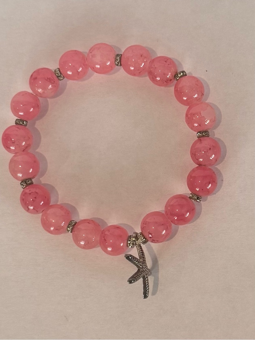 Pink Glass Beaded Stretch Bracelet with Starfish Charm